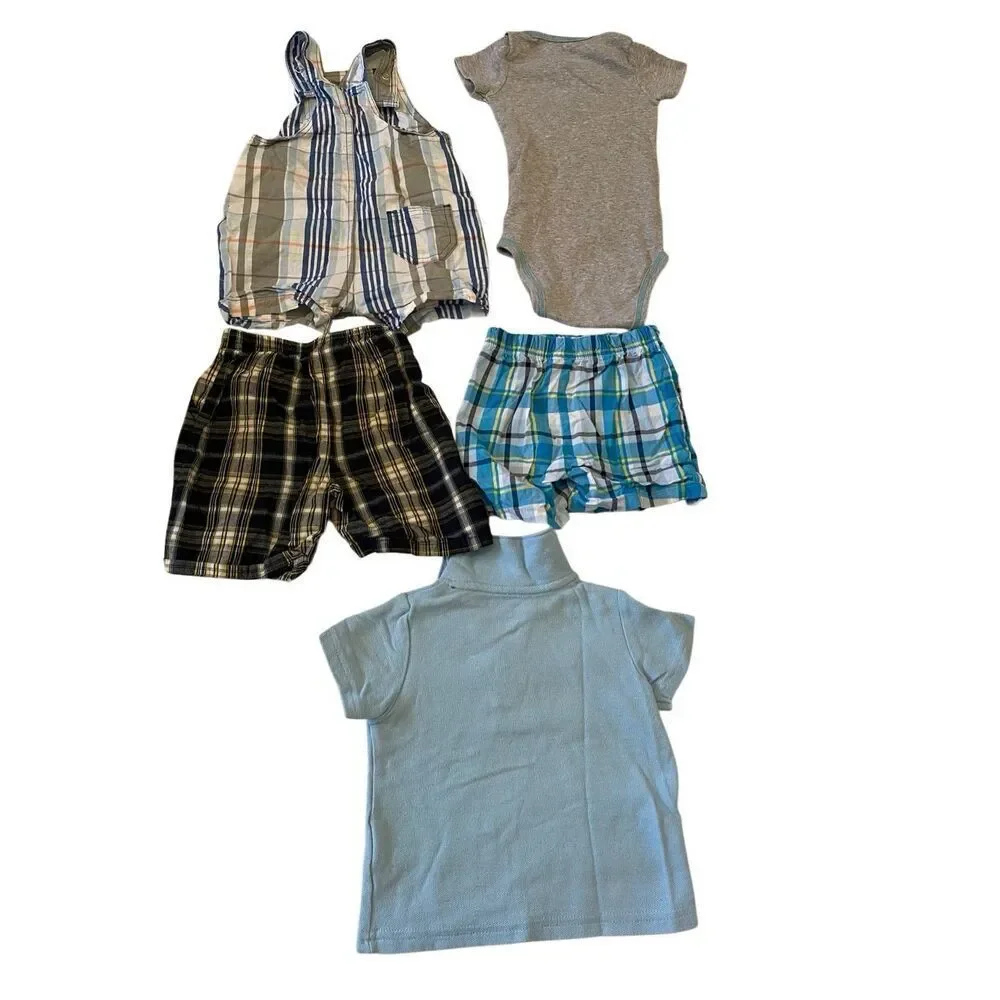 Lot of Boys 5 Carters Plaid Shorts Polo T Shirt Overalls Bodysuit Casual